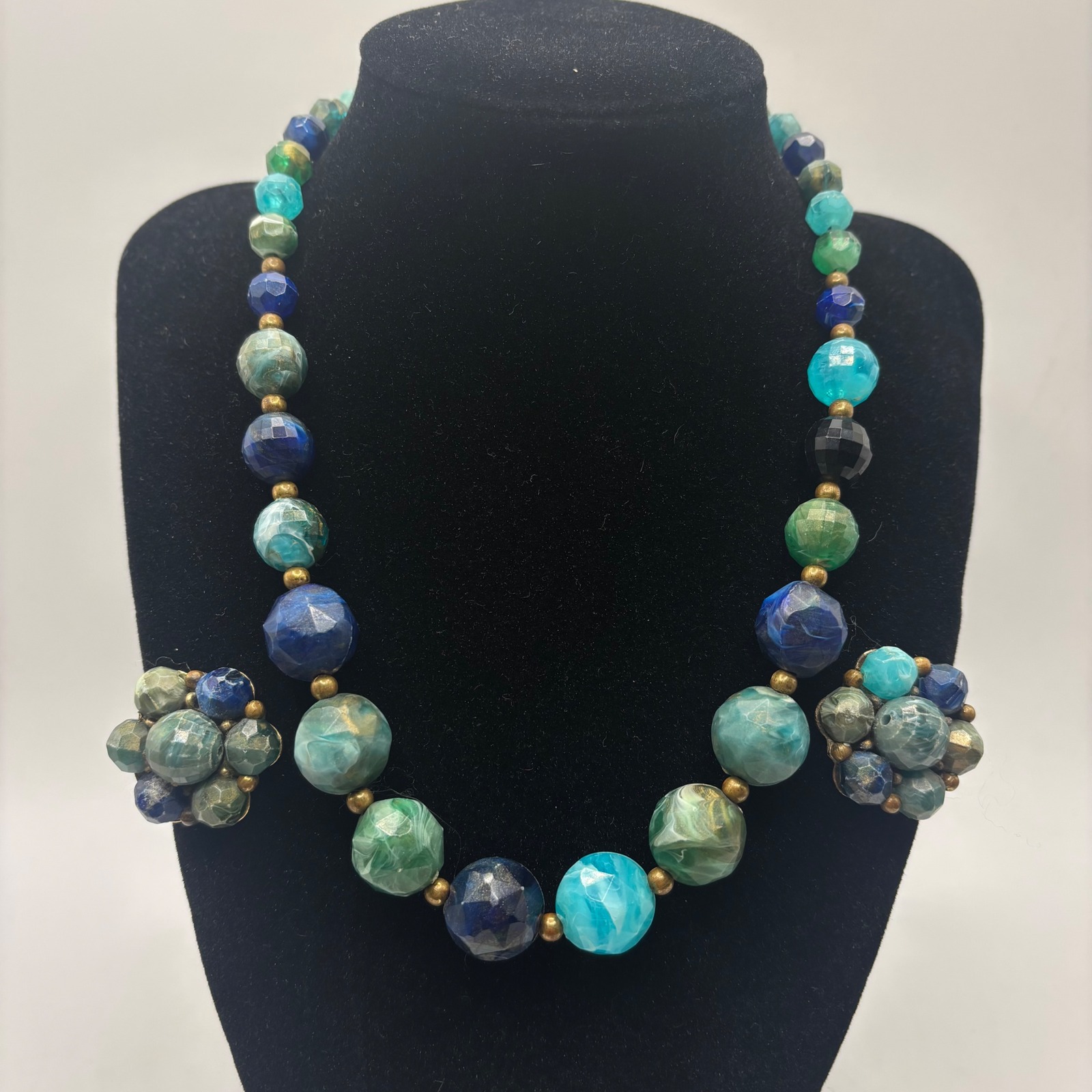 Kramer Of New York Vintage Beaded Necklace Earrings Set Blue Green Art Glass